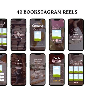 May include: A collection of smartphone screens displaying Instagram Reels templates with text overlays. The text includes phrases like "40 Bookstagram Reels," "My Favourite Books," "Coming Soon," and "Book Review." Each screen has a unique design with images and text.