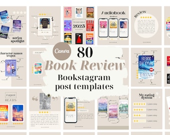 80 Bookstagram book review templates,  aesthetic Instagram canva templates. For book bloggers authors book promo book lovers.