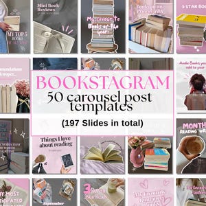 Può includere: Una raccolta di modelli di post di Instagram rosa e bianchi per gli amanti dei libri. I modelli includono vari temi relativi ai libri, come recensioni, consigli e riepiloghi di lettura. Il testo include "BOOKSTAGRAM" e "50 modelli di carosello".