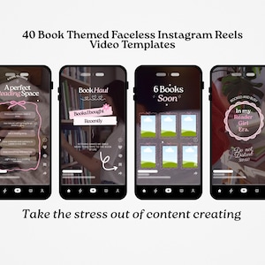 May include: Image of four smartphones displaying Instagram Reels templates. The templates are book-themed, with text overlays like "A Perfect Reading Space" and "Book Haul." The overall design is soft and feminine, with pink and white accents.