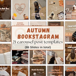 Puede incluir: Un conjunto de 21 plantillas de publicaciones en carrusel de Autumn Bookstagram, con un total de 86 diapositivas. Las plantillas presentan temas otoñales acogedores, incluyendo recomendaciones de libros y reseñas de libros.