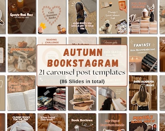 May include: A collection of 21 Autumn Bookstagram carousel post templates with 86 slides in total. The templates feature cozy fall themes, including book recommendations, spooky reads, and book reviews. The color palette includes warm tones.