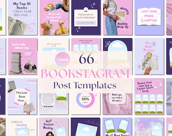 May include: A collection of 66 Bookstagram post templates in a variety of designs. The templates feature pastel colors, text, and graphics related to reading, books, and book reviews. The word "BOOKSTAGRAM" is prominently displayed.