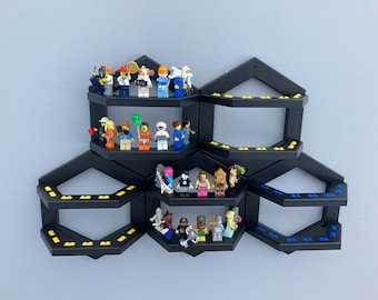 Hex Shaped Minifigure Display Shelves, made from recycled poly lumber, holds 42, 70, or 98 figures!