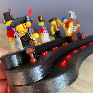 Small Crescent Shaped Minifigure Display Stand, Black poly lumber, holds 16 figures.