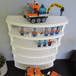 Large Curved Minifigure Display Shelf/Stand, white poly lumber, holds 50 figures.