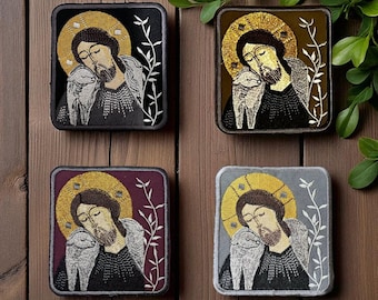 Geborduurde orthodox-christelijke Jezus de goede herder | Opstrijken, naaien of klittenband | Appliqué voor kleding, rugzakken en jassen