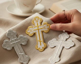 Parche bordado de cruz ortodoxa: aplique termoadhesivo o para coser en vestimentas litúrgicas y camisas de bautismo para adultos.