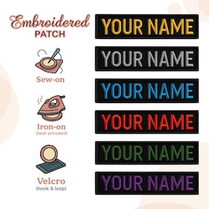 Puede incluir: Parches bordados con el texto "YOUR NAME" en amarillo, blanco, azul, rojo, verde y morado sobre un fondo negro. La imagen también muestra iconos para coser, planchar y velcro.