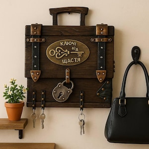 Handmade Rustic Oak Key Holder: Vintage Wall Organizer with Leather Accents