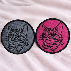 Cat Face Patch, Pink and Gray Background Embroidered Badge for Clothing