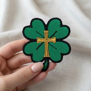 Christian Cross Clover Patch, Embroidered Religious Applique, Iron-On, Sew-On, Hook & Loop
