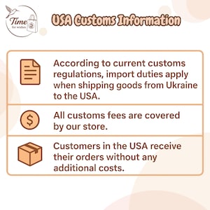 K&ouml;nnte beinhalten: Infografik mit dem Titel "USA Customs Information". Sie informiert &uuml;ber Zollbestimmungen f&uuml;r Waren aus der Ukraine in die USA. Zollgeb&uuml;hren werden vom Shop &uuml;bernommen, und Kunden erhalten ihre Bestellungen ohne zus&auml;tzliche Kosten.