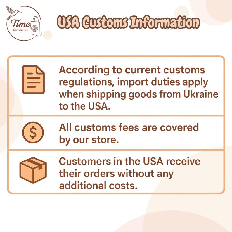 K&ouml;nnte beinhalten: Infografik mit dem Titel "USA Customs Information". Sie informiert &uuml;ber Zollbestimmungen f&uuml;r Waren aus der Ukraine in die USA. Zollgeb&uuml;hren werden vom Shop &uuml;bernommen, und Kunden erhalten ihre Bestellungen ohne zus&auml;tzliche Kosten.