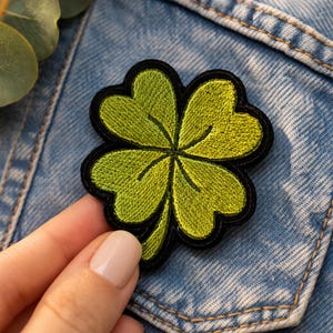 Four Leaf Clover Patch, Embroidered Shamrock Applique, Iron-On Sew-On Hook and Loop