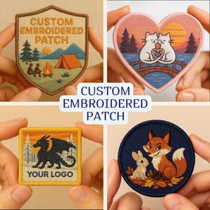 以下が含まれることがあります： さまざまな形のカスタム刺繍パッチのコレクション。デザインには、キャンプシーン、橋の上の2匹の猫、ドラゴン、ウサギとキツネが含まれます。各パッチは、詳細なステッチと鮮やかな色を特徴としています。