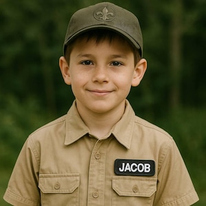 K&ouml;nnte beinhalten: Eine Person tr&auml;gt ein khaki-farbenes Hemd mit einem schwarzen Namensschild mit der Aufschrift "JACOB". Sie tr&auml;gt auch eine gr&uuml;ne Baseballkappe mit einem Lilienemblem. Der Hintergrund ist ein verschwommenes Gr&uuml;n.