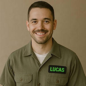 K&ouml;nnte beinhalten: Eine l&auml;chelnde Person tr&auml;gt ein olivgr&uuml;nes Hemd mit einem schwarzen Aufn&auml;her mit dem Namen "LUCAS" in neongr&uuml;nen Buchstaben. Die Person hat dunkles Haar und einen Bart.