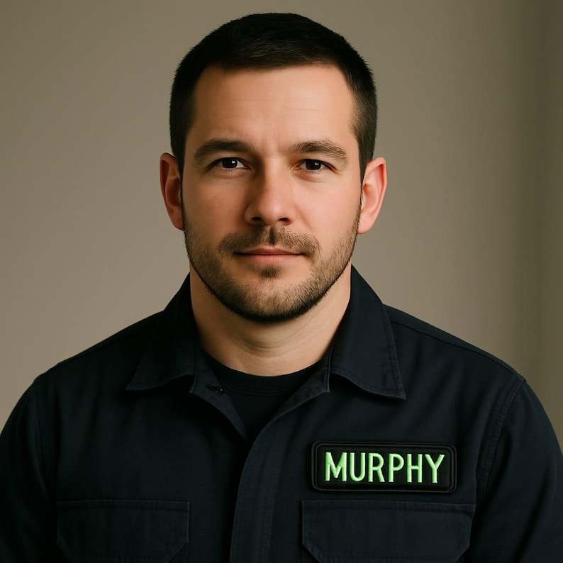 K&ouml;nnte beinhalten: Eine Person tr&auml;gt ein dunkelblaues Hemd mit Kn&ouml;pfen und einem schwarzen Rundhals-Unterhemd. Ein rechteckiger Aufn&auml;her mit dem Namen "MURPHY" in leuchtend gr&uuml;nen Buchstaben ist auf dem Hemd angebracht.
