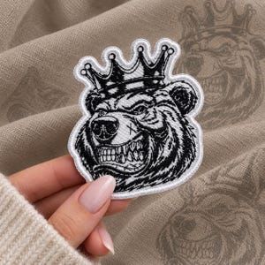 Bear Head Patch | Crown Grizzly Embroidered Applique | Wildlife Badge for Jackets, Hats & Backpacks