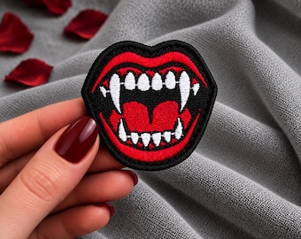 Vampire Fangs Patch, Gothic Embroidered Teeth, Horror Applique for Jacket