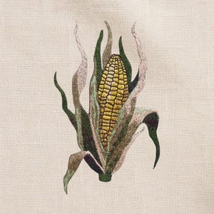 Puede incluir: Imagen bordada de una mazorca de maíz. El maíz es amarillo, rodeado de hojas y hojas verdes y beige. La obra de arte está colocada sobre un fondo neutro y texturizado. Los detalles del bordado son claramente visibles.