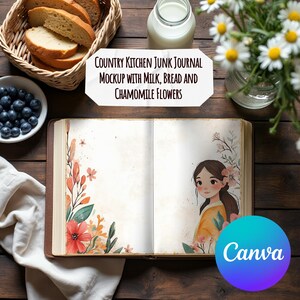 May include: A rustic mockup featuring an open journal with floral illustrations, surrounded by bread, blueberries, milk, and chamomile flowers. The text reads "Country Kitchen Junk Journal Mockup with Milk, Bread and Chamomile Flowers."