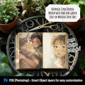 May include: An open journal with illustrations of a girl and a cat, resting on a wrought iron table. The scene includes herbs, garden tools, and the text "BOTANICAL JUNK JOURNAL MOCKUP WITH HERBS AND GARDEN TOOLS ON WROUGHT IRON TABLE".
