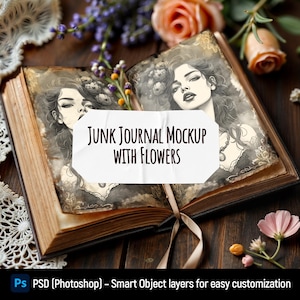Puede incluir: Una maqueta de diario vintage con flores y un texto superpuesto que dice "JUNK JOURNAL MOCKUP WITH FLOWERS". El diario está abierto y tiene un aspecto desgastado y envejecido. Las flores son delicadas y coloridas, añadiendo un toque de fantasía a la escena.