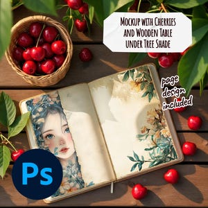 以下が含まれることがあります： 木製のテーブルの上に、花柄のイラストと女性の肖像画が描かれた開いたノートがあり、新鮮な赤いサクランボとサクランボのバスケットが周りにあります。「Mockup with Cherries and Wooden Table Under Tree Shade」というテキストが表示されています。