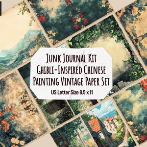 Junk Journal Kit – Conjunto de papel vintage com pintura chinesa inspirada no Ghibli | Páginas para impressão | Tamanho carta dos EUA 8,5 x 11 | v.1