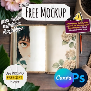 May include: An open book mockup with a vintage aesthetic, featuring a partial illustration of a woman's eye and floral accents. The text "Almost Free Mockup" and other promotional text are visible. Includes Canva and Photoshop logos.