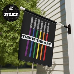 Puede incluir: Una bandera negra con un arcoíris de sables de luz y el texto "This is the Gay".