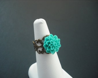 antique brass mum flower cabochon ring - one ring
