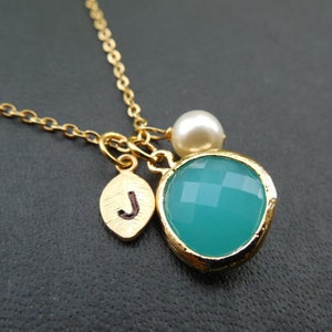 Bridesmaid Gift, Silver or Gold Birthstone Necklace with Initial Leaf, Jewel, Pearl,Flower Girl Gift,Birthday Gift,Bridesmaid Gift