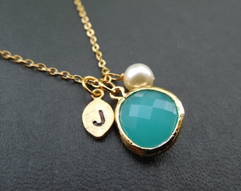 Regalo de dama de honor, collar de piedra de nacimiento de plata u oro con hoja inicial, joya, perla, regalo de la niña de la flor, regalo del cumpleaños, regalo de la dama de honor