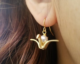 Gold or Silver Plated Origami Crane Birthstone Earrings, Pearl June Birthstone Earrings, Birthday Gift, Available in all birthstones