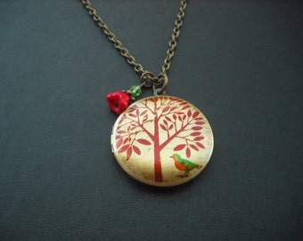 Locket Necklace, Antique Brass Locket Necklace with Bird Under the Tree  Photo Altered Locket