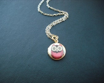 mini red whimsical owl locket necklace - 14K gold filled