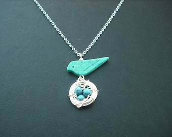 turquoise bird and nest necklace - white gold plated chain