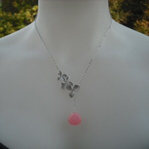 tripple orchid flowers lariat with bubble gum pink smooth jade briolette, bridesmaids gift, wedding gift image 3