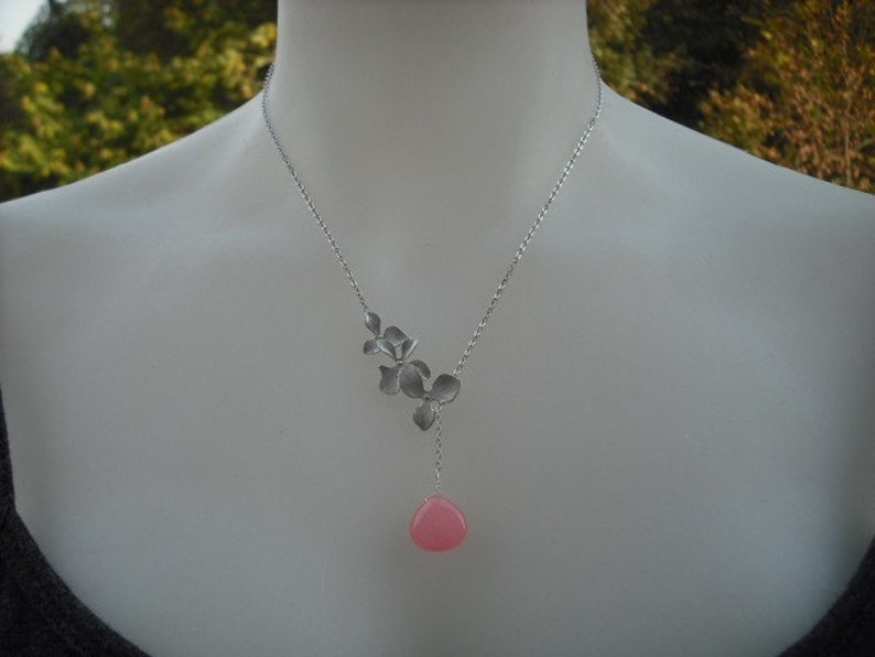 tripple orchid flowers lariat with bubble gum pink smooth jade briolette, bridesmaids gift, wedding gift image 3