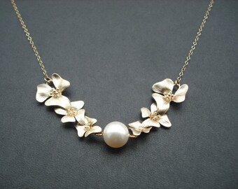 Bridesmaid Gift, Gold Bridesmaid Necklace with Double Three Fold Flowers Cascading Necklace