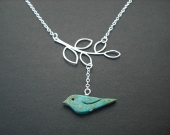 Bridesmaid necklace, silver necklace with five leaf branch and turquoise bird