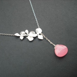 tripple orchid flowers lariat with bubble gum pink smooth jade briolette, bridesmaids gift, wedding gift image 2