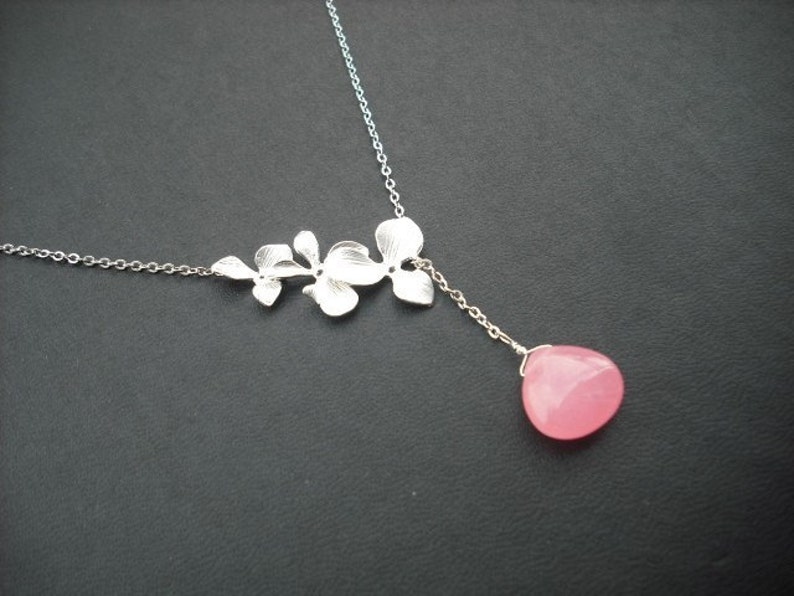 tripple orchid flowers lariat with bubble gum pink smooth jade briolette, bridesmaids gift, wedding gift image 2