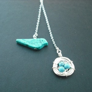 turquoise bird and a nest lariat white gold plated chain image 2