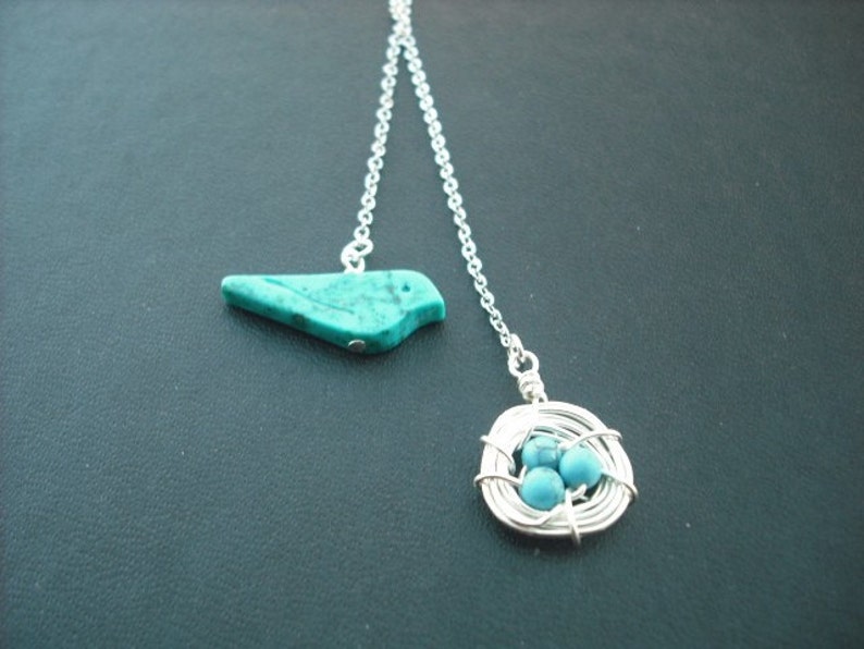 turquoise bird and a nest lariat white gold plated chain image 2