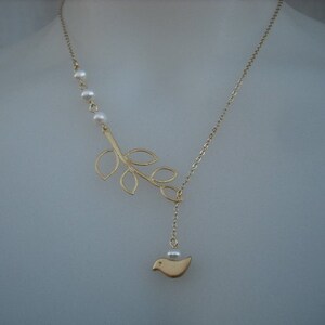 matte yellow gold five leaf branch and bird lariat 16K yellow gold plated chain image 2