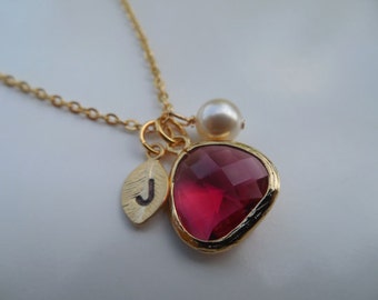 July Birthstone necklace, Bridesmaid Gift, Gold or Silver Ruby Necklace with Initial Leaf,Jewel,Pearl,Flower Girl Gift,Birthday Gift